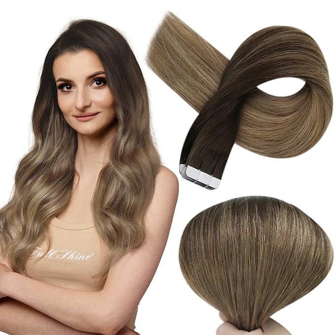 Full Shine Tape in Hair Extensions Human Hair Dark Brown to Chestnut Brown Highlighted Ash Blonde 12 Inch Human Hair Extensions Double Sided Tape in Hair Natural Remy Hair Straight Hair 30 Gram 20pcs