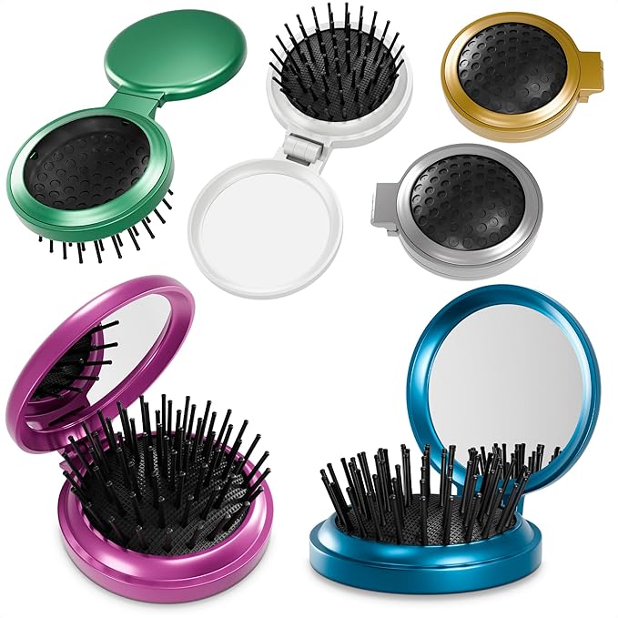 Mini Hair Brush Set of 6 - Foldable Travel Brushes for Hair in Assorted Colors – Lightweight and Portable Travel Brush for Women with Mirror for Quick Touch-Ups