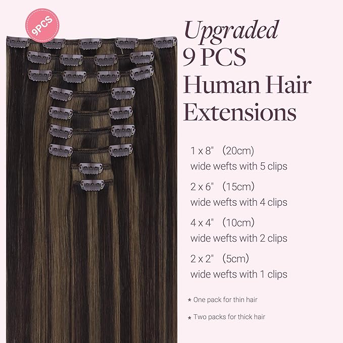 GOO GOO Clip in Hair Extensions Real Human Hair, Remy Human Hair Extensions Clip ins for Women, Natural Human Hair, 14inch 150g 9 Pcs, #2/6 Dark Brown Highlighted Chestnut Brown
