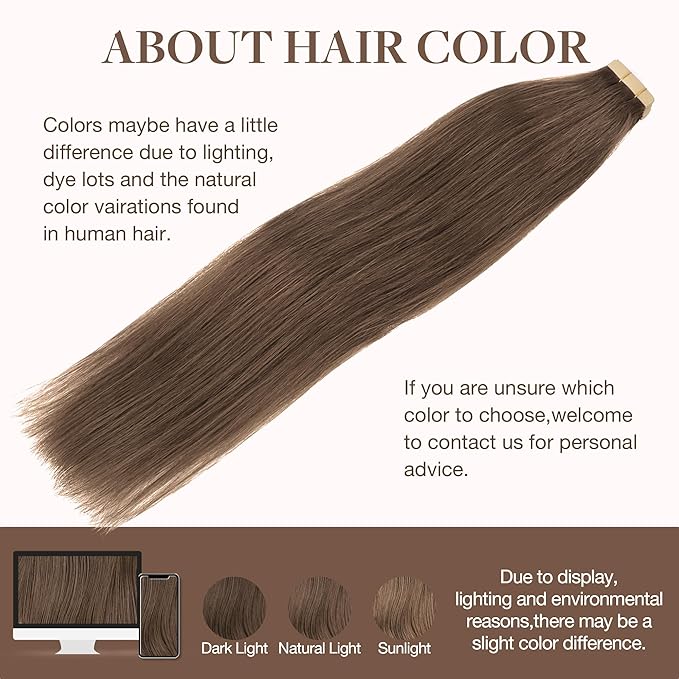 GOO GOO Tape in Hair Extensions Human Hair, 5 Light Ash Brown, 20inch 50g 20pcs, Skin Weft Seamless Invisible, Silky Straight with Thick Ends, Remy Human Hair