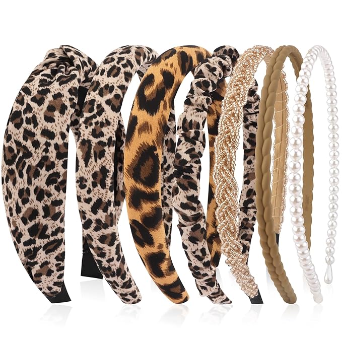 VELSCRUN Headbands for Women 7 Pcs Different Leopard Color Knotted Solid Pearl Head Bands Non Slip Hair Band Stuff for Teen Girls Womens Trendy Fashion Diademas Para Mujer Hair Accessories