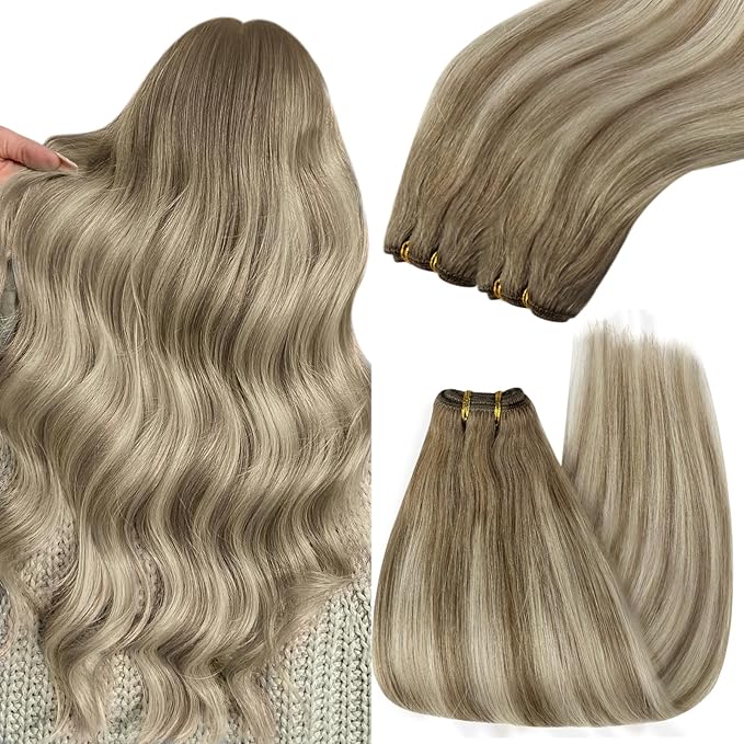 YoungSee Sew in Hair Extensions Real Human Hair Balayage Hair Extensions Weft Light Brown Mix Platinum Blonde Balayage Weft Hair Extension Human Hair for Full Head 20Inch 100G