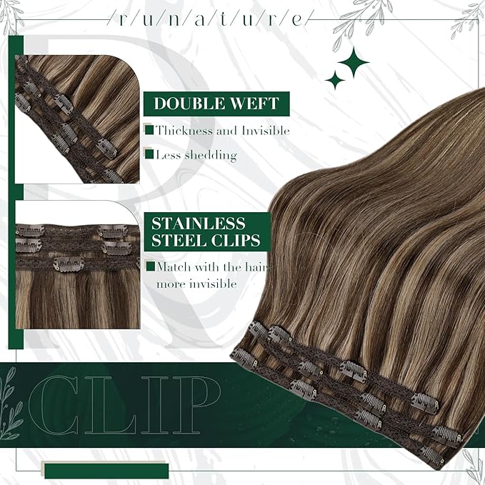 RUNATURE Real Hair Extensions Clip Ins, Brown Clip in Hair Extensions with Highlights, Double Weft Natural Hair for Women, Easy to Apply, 16 Inch 50g 3pcs #3P12 Brown Mix Blonde