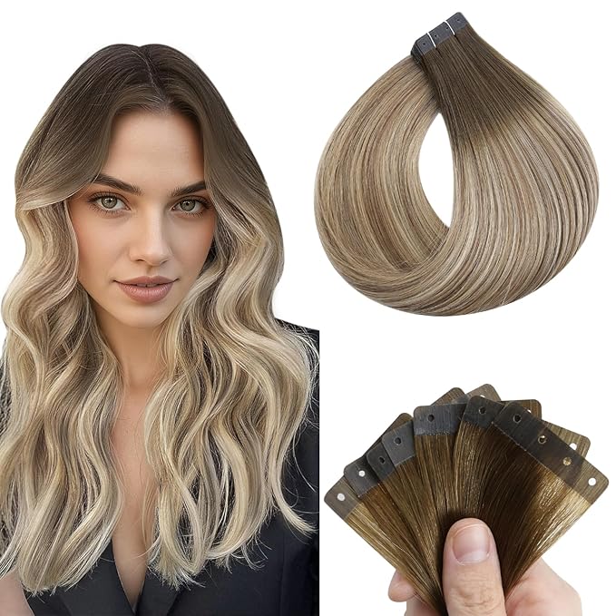 Full Shine Human Hair Tape in Extensions 20Inch Color 3 Dark Brown to 8 Ash Brown and 22 Blonde 20PCS 50G Ombre Hair Extensions Tape in with Holes Invisible Seamless for Thin Hair PU Weft