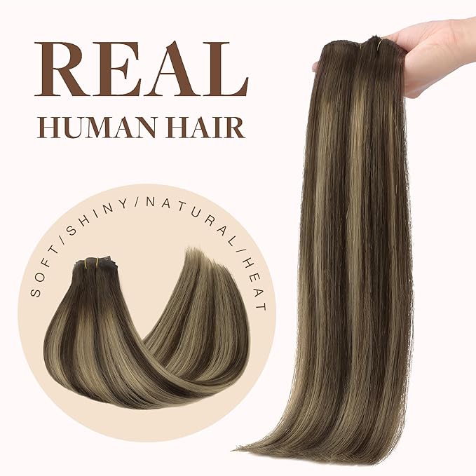 GOO GOO Clip in Hair Extensions Real Human Hair, Remy Human Hair Extensions Clip ins for Women, Natural Human Hair, 24inch 140g 7Pcs, #4/26/4 Balayage Chocolate Brown to Honey Blonde