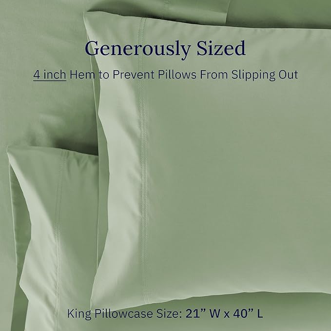 California Design Den Premium King Pillowcases Set of 2-600 Thread Count Sateen, Natural 100% Cotton King Size Pillow Case Pair, Crisp, Durable Bedding - Laurel Green