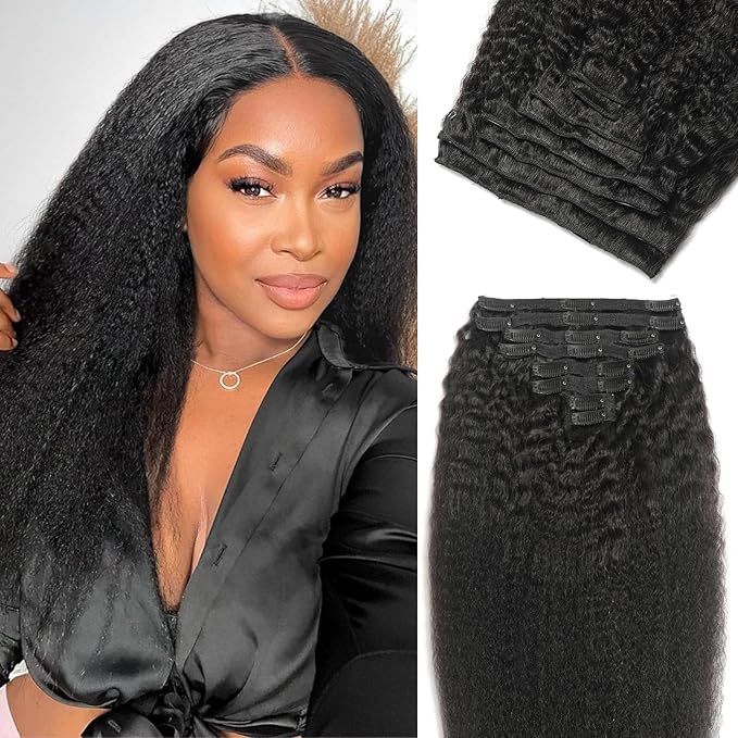 Kinky Straight Clip in Hair Extensions Human Hair Clip in Extensions 110g Clip Ins for Black Women 8Pcs/Pack Double Weft Full Head Natural Black Hair Extensions Human Hair（16Inch）