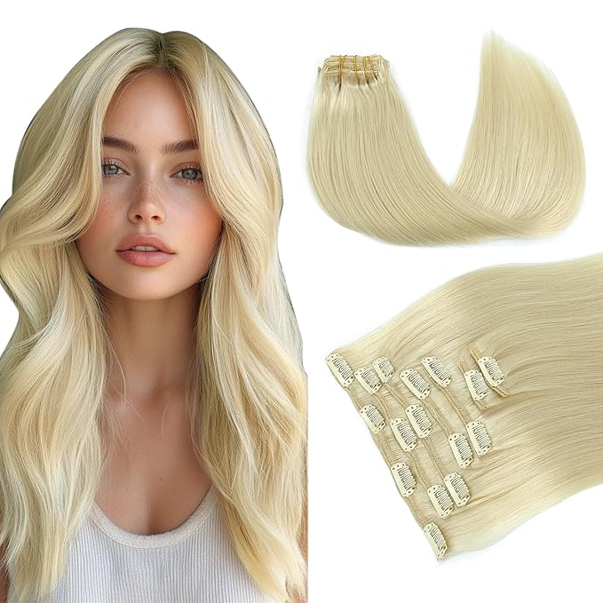 PINKPEARL Clip in Hair Extensions #60 Platinum Blonde Clip in Hair Extensions Real Human Hair 7pcs 120g 18inch Blonde Hair Extensios Clip ins for Women Straight Natural Human Hair Clip ins (#60-18)