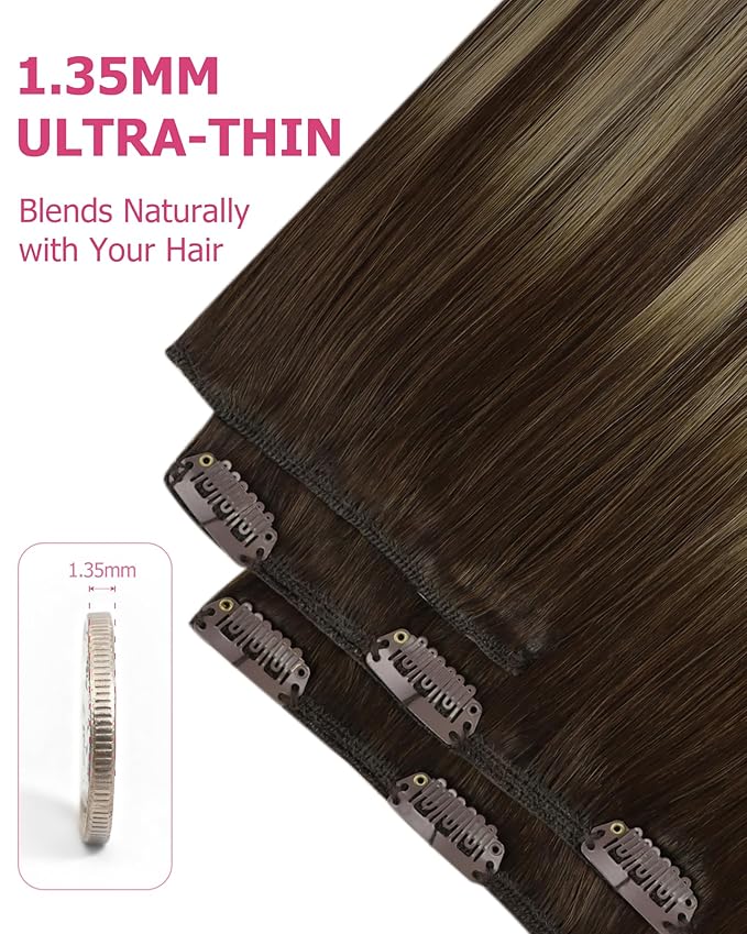YoungSee 150g Balayage Clip in Hair Extensions Human Hair Chocolate Brown Mix Caramel Blonde Balayage Hair Extensions Clip in Human Hair Softness Clip ins Extension Straight Hair 20inch 7pcs