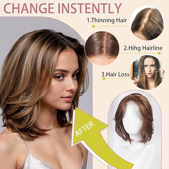 CROWN GUIDE 12 Inch Hair Toppers for Women with Thinning Hair - Synthetic Clip in Topper with Bangs Breathable Hairpiece 6.5x6.5 Base, Volume Wiglets Full Coverage (Dark Golden Brown Highlight)