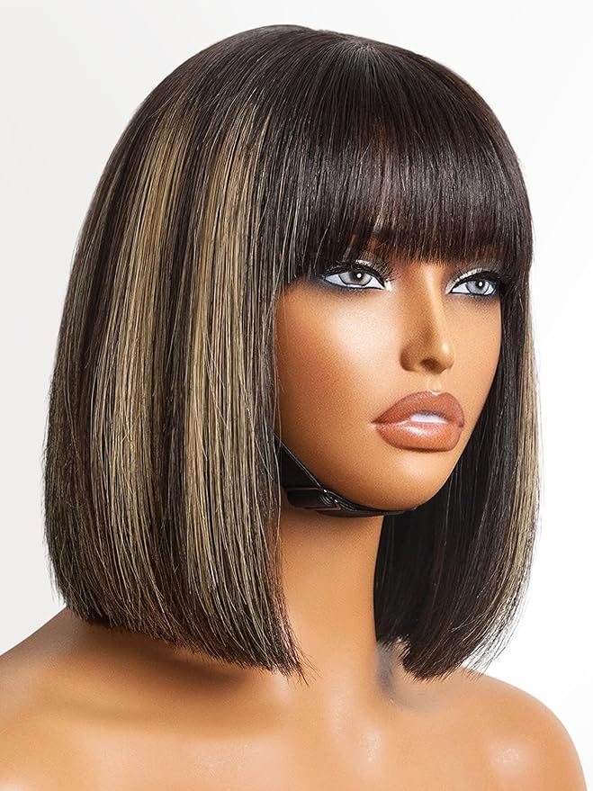 LUVME HAIR 10 Inch Blonde Highlight Bob Human Hair Wig with Bangs Glueless HD Lace Bang Wig True Scalp Ready to Go Silky Straight Highlight Human Hair Short Wig with Bangs (Breathable Cap)