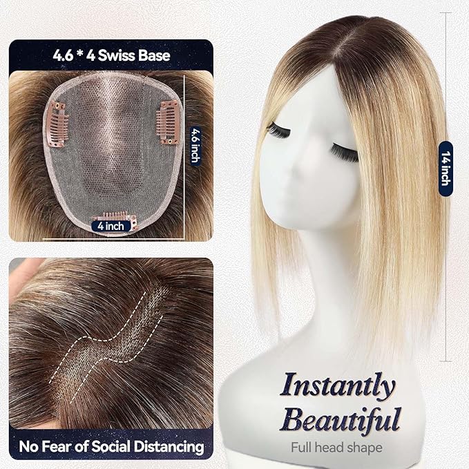 starluck Human Hair Topper for Women with Thinning Hair, 100% Real Human Hairpiece, 4.6 * 4 Inch Upgrade SilkHug Swiss Lace Base Hairpiece,14 Inch, No Bangs (Ombre Blonde)
