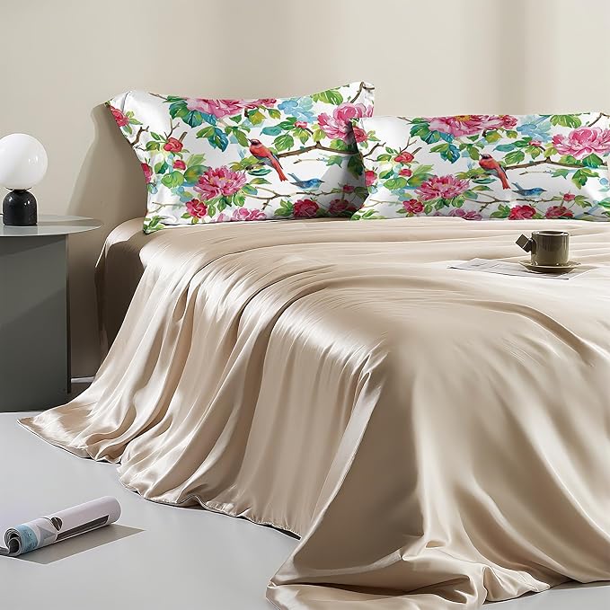 Satin Pillowcase 1 Pack-Pink Roses Flowers and Red Birds Silky Pillow Cover for Hair and Skin,Standard Size 20x26 Inch Soft Cooling Printed Pillow Cases with Hidden Zipper,Gifts for Women Men
