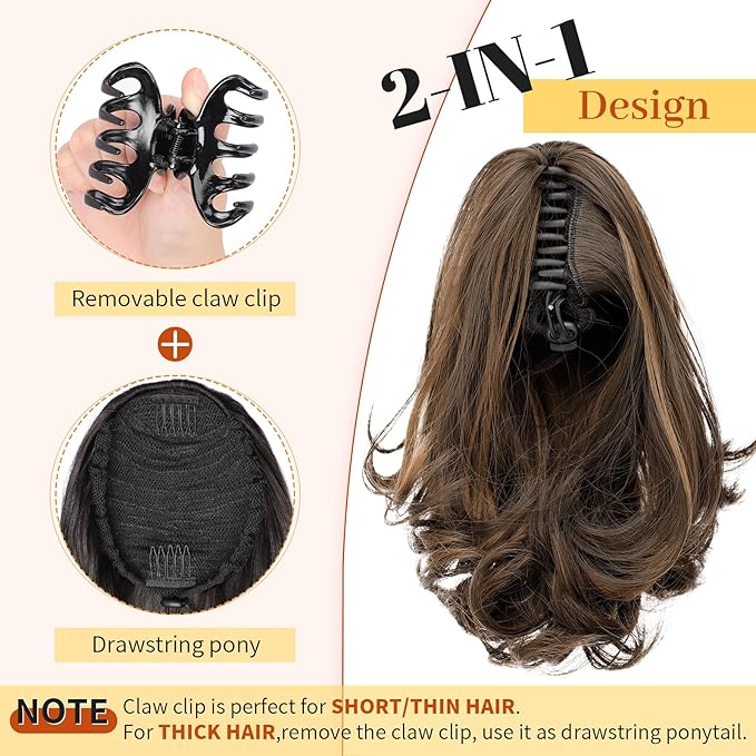 KooKaStyle Ponytail Extension, 10" Short Claw Clip in Pony Tails Hair Extensions Curly Wavy Synthetic Drawstring Hairpieces for Women Fake Ponytail(Dark Brown with Golden Auburn)