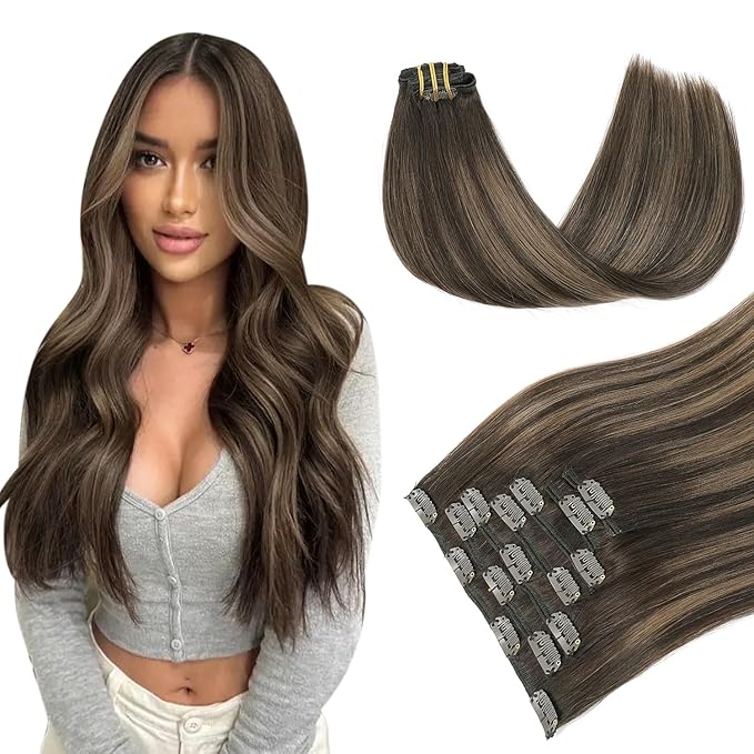 PINKPEARL Clip in Hair Extensions Human Hair Extensions, #2/6/2 Balayage Dark Brown to Chestnut Brown 120g 7pcs 14 Inch Real Human Hair Extensions Clip in Straight Remy Silky Weft(#2/6/2-14)