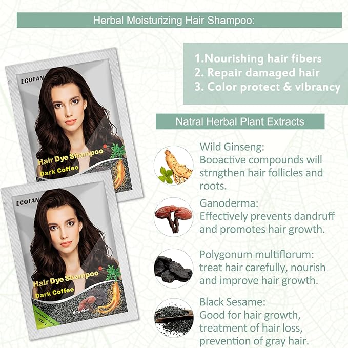 10 PCS Semi-Permanent Hair Color Shampoo - 3 in 1 Instant Hair Dye for Men & Women, Herbal Ingredients for 100% Grey Coverage (Dark Coffee/Dark Brown)