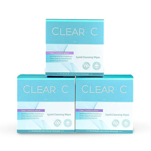 Clear C Eyelid Wipes Pre-Moistened for Dry Eyes – Rinse Free Eye Lid Cleaning Wipes – Individually Wrapped Travel Eye Wipes, 3 Boxes of 30