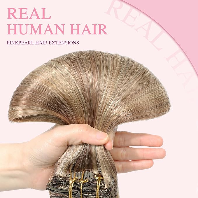 PINKPEARL Clip in Hair Extensions Real Human Hair #10/16/16 Golden Brown to Caramel Blonde Human Hair Clip in Hair Extensions 7pcs 120g 14inch Human Hair Extensios Clip ins(#10/16/16-14)
