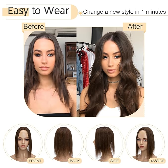 SEGO Human Hair Toppers for Women With Thinning Hair, 7 * 13CM Silk Base 100% Real Human Hair Clip in Top Wiglet Hairpieces -18 Inch No Bangs Medium Brown