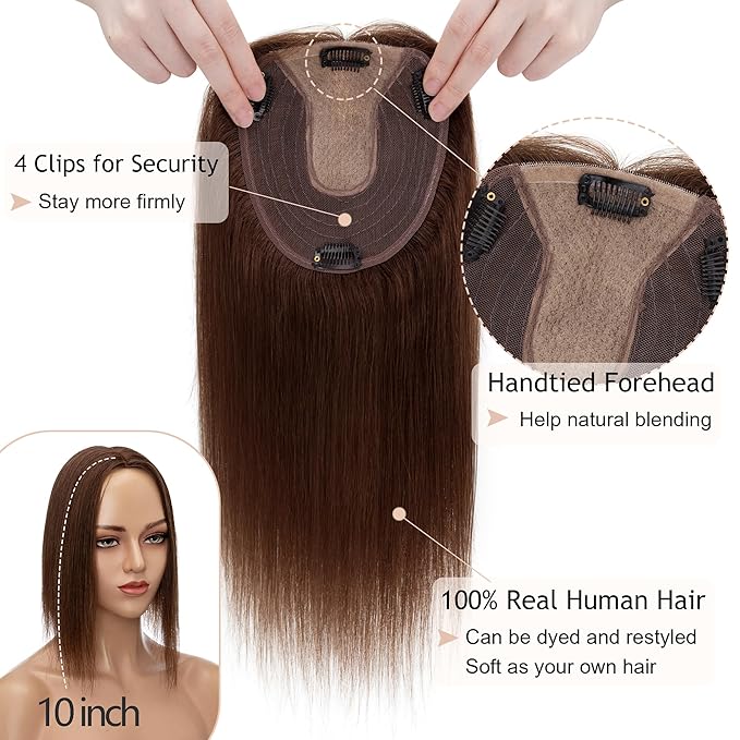 Hair Toppers for Women Real Human Hair No Bangs, 13 * 15 cm Larger Silk Base 150% Density Clip In Topper Hairpieces, Wiglet Top Pieces Add Volume -12 Inch 04 Medium Brown