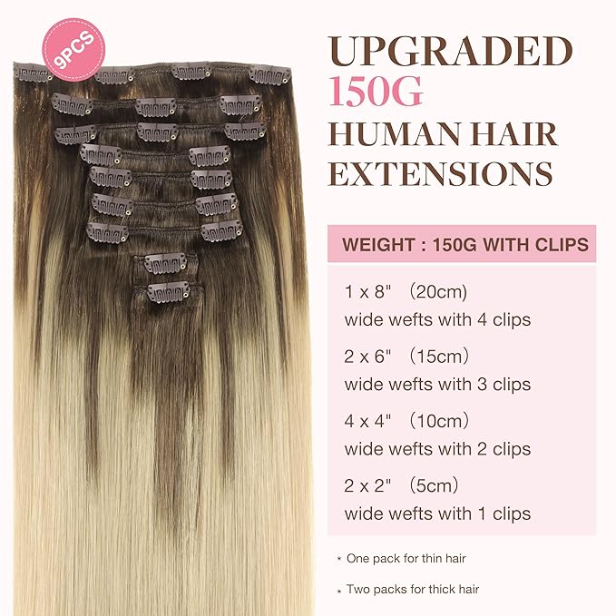 GOO GOO Clip in Hair Extensions Real Human Hair, Remy Human Hair Extensions Clip ins for Women, Natural Human Hair, 20inch 150g 9Pcs, 4/18 Balayage Chocolate Brown Highlighted Dirty Blonde