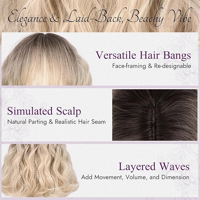 BARSDAR Blonde Ombre Short Wavy Wig with Bangs - Short Wavy Blonde Ombre Wig for Women - Fluffy Soft Synthetic Dark Roots Curly Textured French Bob Wigs with Bangs Natural Looking Face-Framing