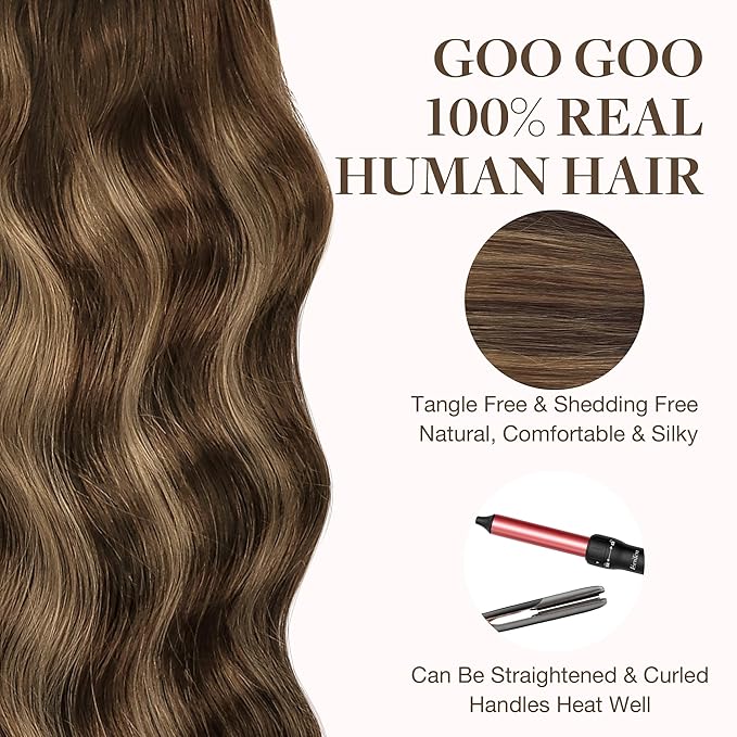 GOO GOO Tape in Hair Extensions Human Hair, 4/27/4 Balayage Chocolate Brown to Caramel Blonde, 16inch 50g 20pcs, Thick Ends Straight Seamless, Invisible