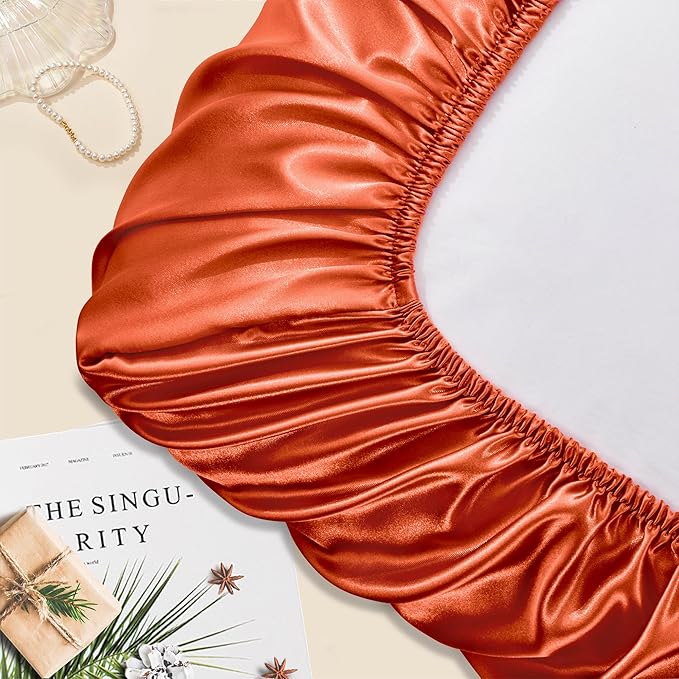 Manyshofu Satin Pillowcases for Hair Protection - 1Pcs Burnt Orange Pillow Cases, Elastic Band Standard & Queen Satin Pillowcases Luxury Silky Pillow Cases Travel Pillow Covers