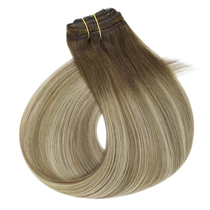 Full Shine Ombre Clip in Extensions Medium Brown to Ash Brown Mix Dirty Blonde 18 Inch Straight Clip in Hair Extensions Real Human Hair Invisible Lace Weft Clip ins Balayage Real Hair Extensions