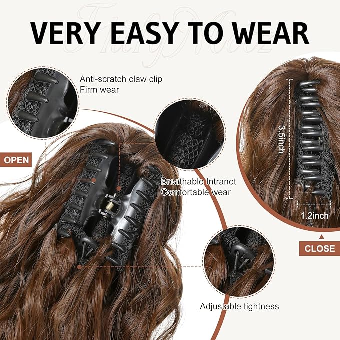 FLUFYMOOZ Ponytail Extension, 18 Inch Claw Clip Ponytail Extension, Wavy Curly Claw Clip in Ponytail Hair Extensions, Natural Fake Ponytail Synthetic Hairpiece for Women (Medium Chocolate Brown)