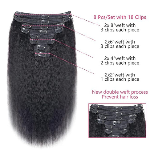 28 Inch Kinky Straight Clip In Hair Extensions Real Human Hair Kinky Straight Clip Ins #1B Natural Color Clip on Hair Extensions 8pcs with 18Clips Per Set 120g