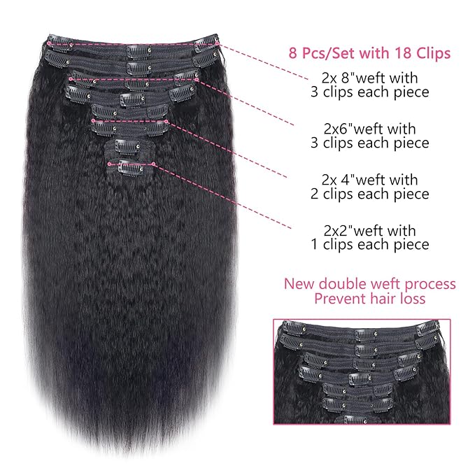 Kinky Straight Clip in Hair Extensions Real Human Hair Natural Black Clip ins for Women 24 Inch 120g 8pcs Seamless Kinky Straight Clip on Extensions Human Hair