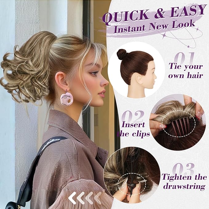 BARSDAR Drawstring Comb Clip Ponytail Extension - 10 Inch Short Wavy Clip in Ponytails Hairpieces for Women - Synthetic Gray Ponytail Extension Fake Pony Tails - Blonde Mix Gray