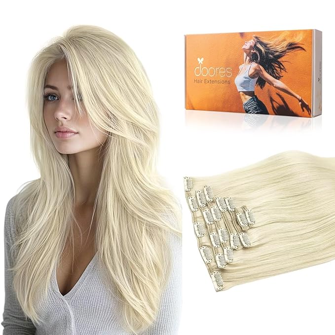 DOORES Human Hair Extensions, Platinum Blonde 14 Inch 120g 7pcs, Natural Thick Clip in Hair Extensions Straight Weft Gift