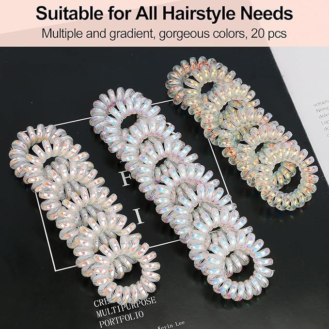 JessLab Spiral Hair Ties, 20 Pcs Traceless Phone Cord Hair Ties No Crease Spiral Bracelet Plastic Coil Ponytail Holders No-Damage Headband Hair Accessory for Girls Women Ladies Gift