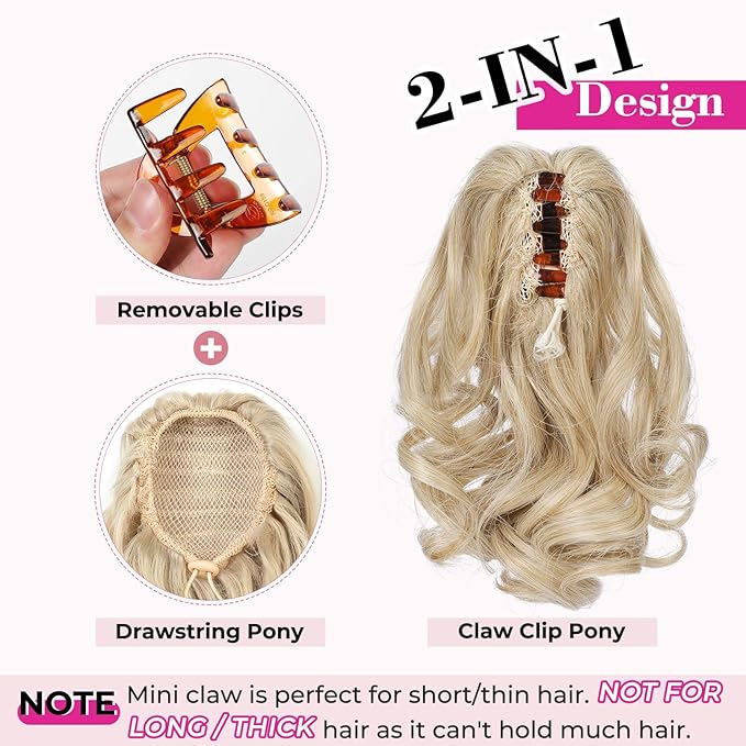 REECHO Ponytail Extension, 9" Claw Clip in Short Curly Wavy Pony Hair Extension Jaw Clip on Pony Tail HP001 Hairpiece for Women - Dark Ash Blonde with Golden Ends