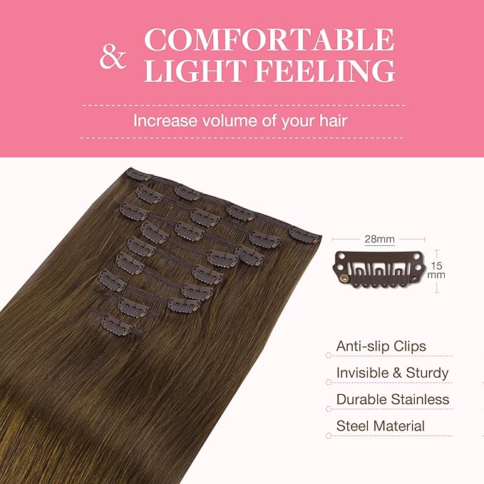 GOO GOO Clip in Hair Extensions Real Human Hair, Remy Human Hair Extensions Clip ins for Women, Natural Human Hair, 14inch 150g 9Pcs, 4A Chocolate Brown