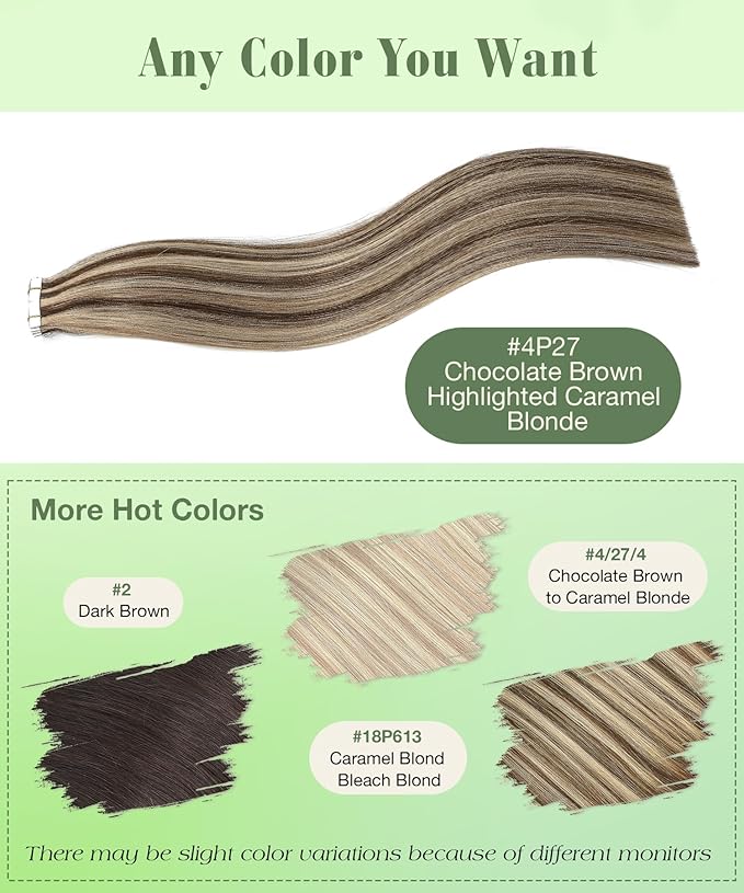 SURNEL Tape in Hair Extensions Human Hair Color 4 Medium Brown Highlighted 27 Caramel Blonde 20 Inch Remy Tape in Hair Extensions 20 pcs 50g(#4P27-20)