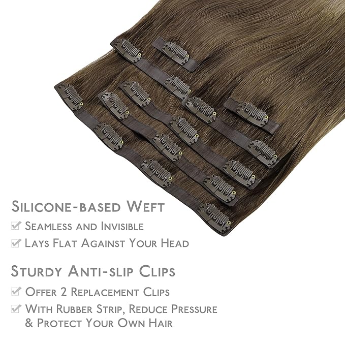 WENNALIFE Seamless Clip In Hair Extensions, 14 Inch 7pcs 130g Ombre Walnut Brown to Ash Brown and Bleach Blonde Real Human Hair Extensions
