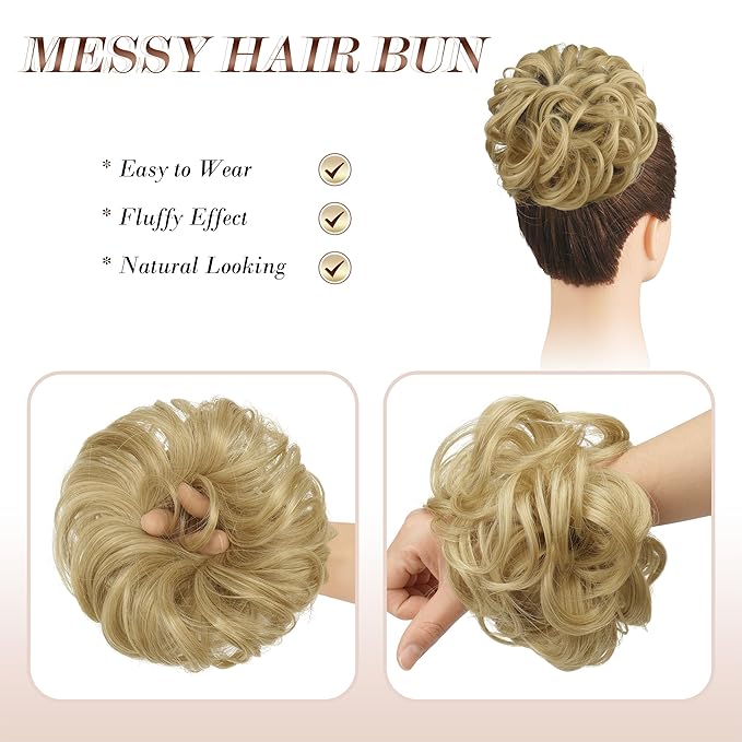 FESHFEN Messy Bun Hair Pieces - Large Wavy Curly Elastic Hair Bun Scrunchies Ponytail Extensions Synthetic Chignon Hairpieces for Women, Golden Blonde 1.94oz