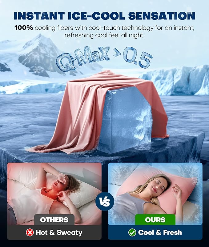 Ultra-Chill Cooling Pillowcase Set of 2 for Hot Sleepers, Softer Than Silk Pillow Cases for Protecting Hair & Skin, Breathable Bed Pillow Covers w/Zipper, Gifts for Women & Men (Pink, Queen)