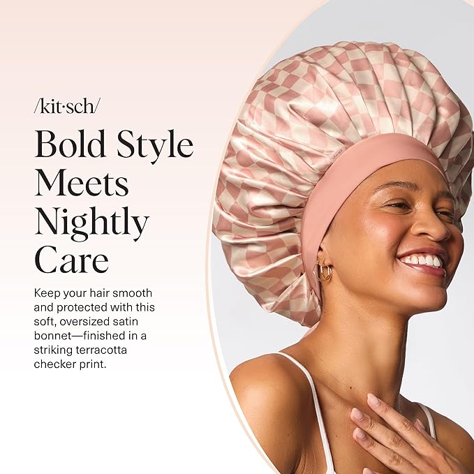 Kitsch XL Satin Bonnet for Sleeping - Softer Than Silk Hair Bonnet For Women - Secure Fit, Adjustable Night Cap For Curly & Textured Hair - Prevents Breakage, Tangles & Thinning - Terracotta Checker