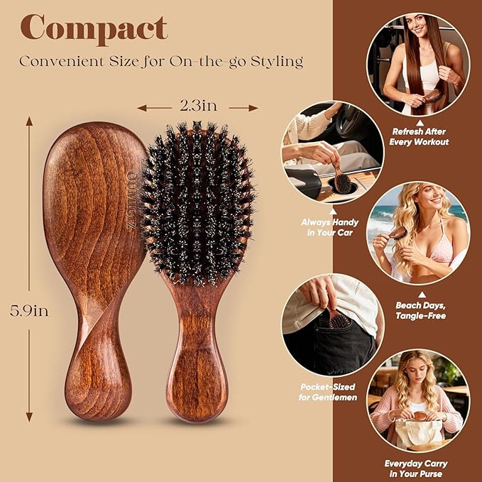 Boar Bristle Hair Brush Since 1965 British Craftsmanship, Handmade Natural Wooden Mini Hairbrush/Beard Brush, Pure Soft Bristles Gentle Detangling Women Men Kids Thin Fine Hair, Smooth & Shine