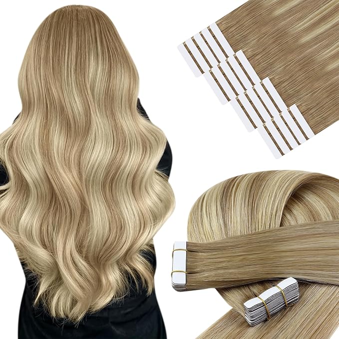 YoungSee Human Hair Tape in Extensions Balayage Tape in Hair Extensions Human Hair Extensions Tape in Ombre Brown to Platinum Blonde Invisible Tape-in Hair Extension Human Hair 14In 20pcs 50g Straight