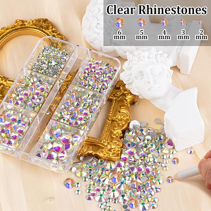 Colorful Face Gems for Makeup Set, Flatback Gorgeous Charming AB Glass Gems, Clear Glass Gems with Picker Pencil, Makeup Glue, Tweezer for Eye Body Hair Make-up and Nail Art Deco