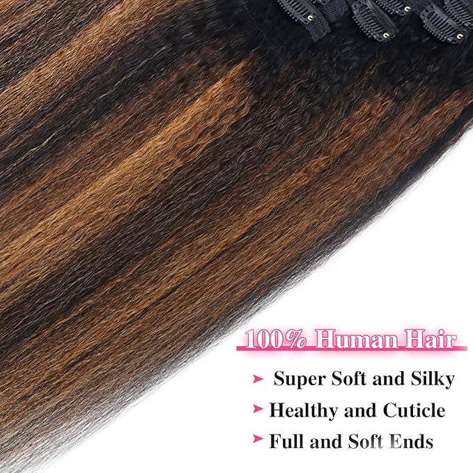 Kinky Straight Clip in Hair Extensions Real Human Hair For Women Highlight Hair Extensions Kinky Straight Clip ins (22inch,T1BP1B/30)