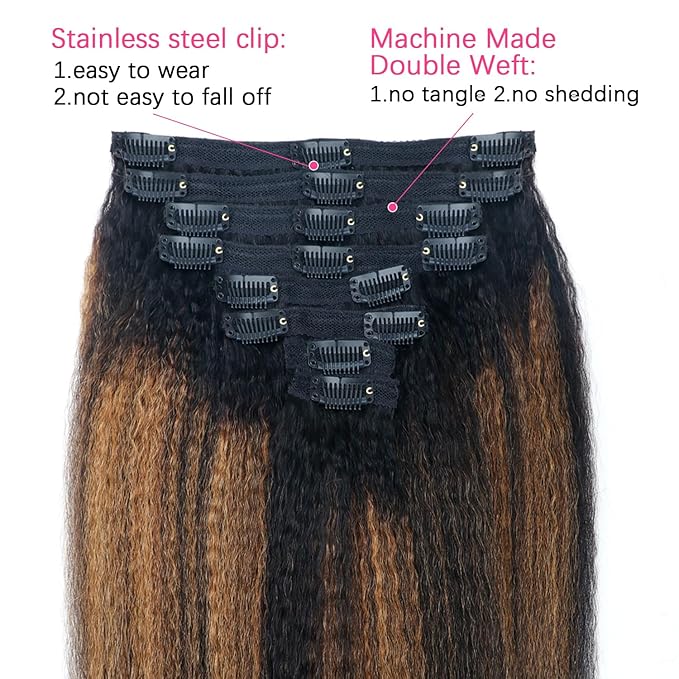 T1BP1B/30 Kinky Straight Clip in Hair Extensions Real Human Hair Colorful Omber Kinky Straight Clip ins 12 Inch Clip on Hair for Full Head, Wear and Go Kinky Clip ins