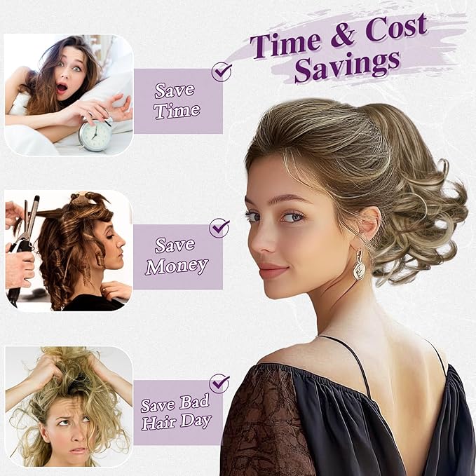 BARSDAR Short Highlight Ponytail Extension - 10 Inch Wavy Drawstring Comb Clip Pony Tails Hairpieces for Women, Synthetic Clip in Ponytail Hair Extensions - Chocolate Brown with Highlights