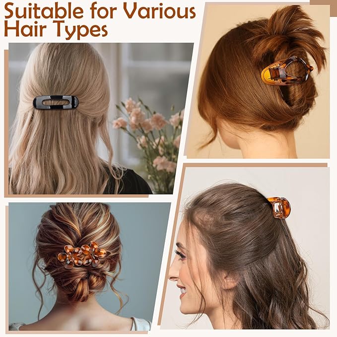 10 Pcs Flat Hair Clips for Women, 3 Styles Tortoise Flat Claw Clips, Strong Hold No Slip French Flat Hair Clips for Thin Thick Curly Hair, Tortoiseshell