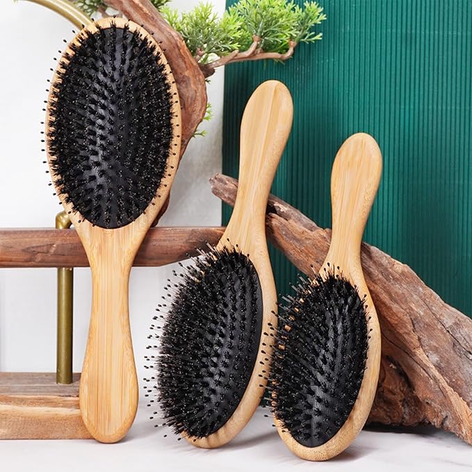 Lindale Boar Bristle Hair Brush for Women Men, Natural Bamboo Detangler Paddle Hairbrush for Hair Growth Beard Massaging Scalp, Reduces Static for Curly Hair with Ergonomic Handle